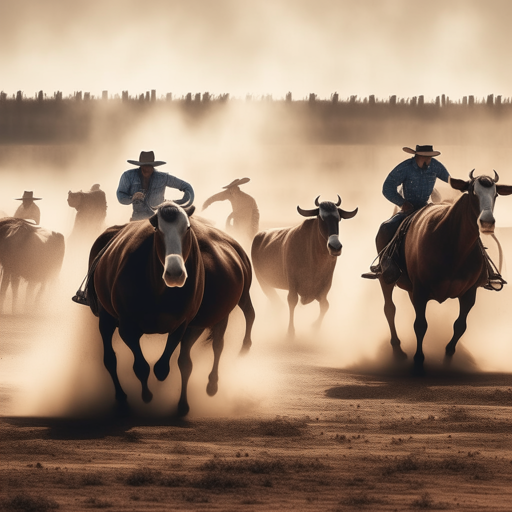 A promotional image for a rodeo showing cowboys lassoing cattle in a dusty arena