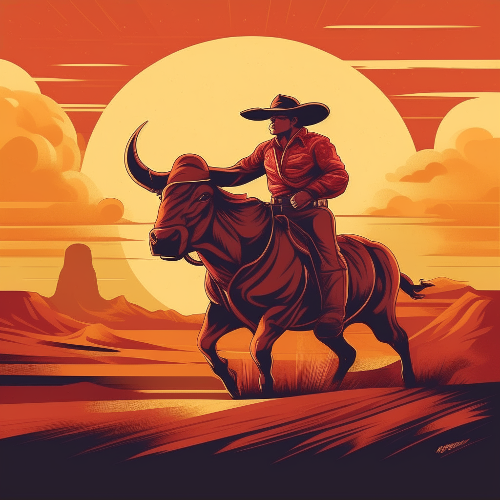 A poster for a rodeo event featuring a cowboy riding a bull against a sunset sky