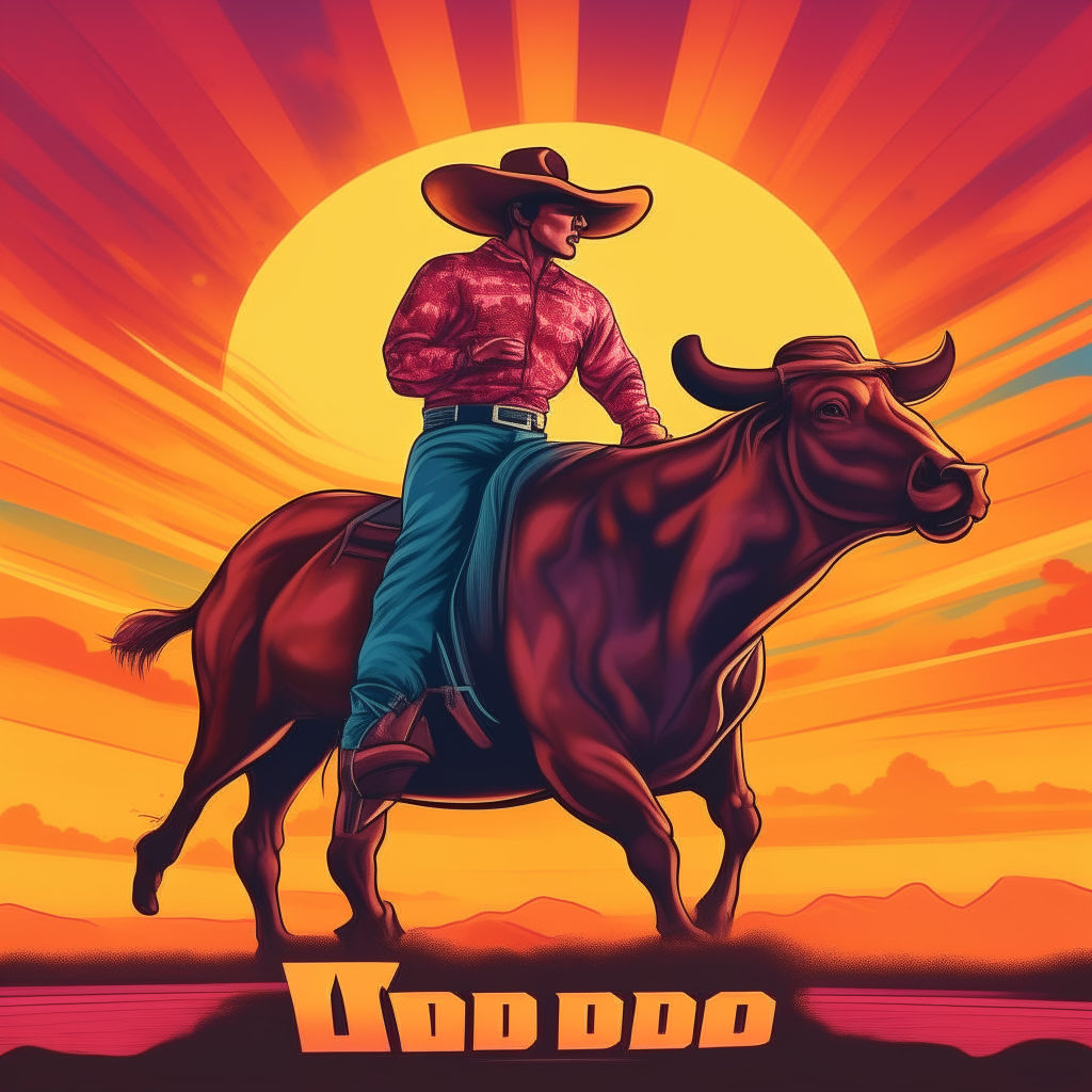 A promotional poster for a local rodeo featuring a cowboy riding a bull against a colorful sunset sky