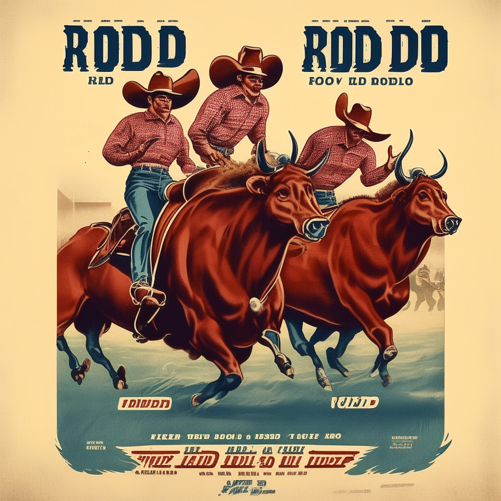 A promotional poster for an upcoming rodeo showing cowboys competing in a bull riding event