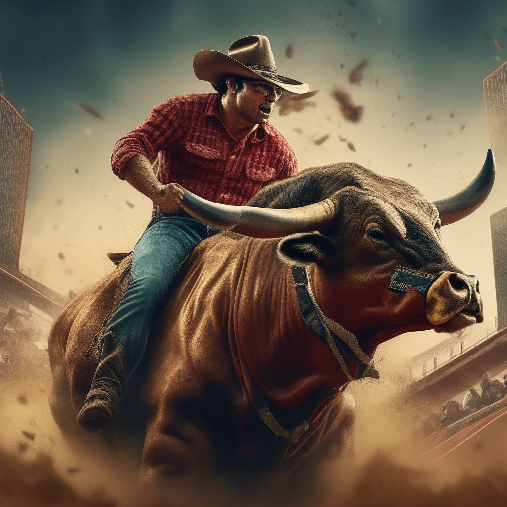 A hyperrealistic promotional poster for a rodeo featuring a bull rider in the midst of a ride, with vivid details