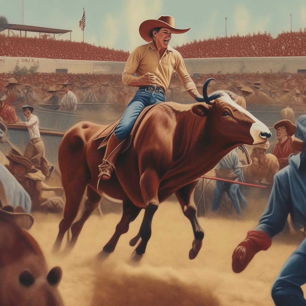 A hyperrealistic poster advertising a rodeo event, showing a cowboy lassoing a calf against a background of rodeo spectators