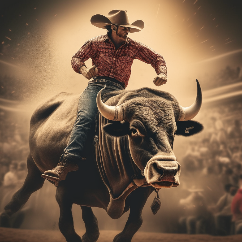 A poster showing a bull rider holding on tight as the bull bucks fiercely in front of a cheering crowd