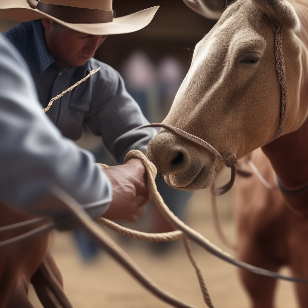 A hyperrealistic close-up of a cowboy preparing to lasso a calf during a rodeo event