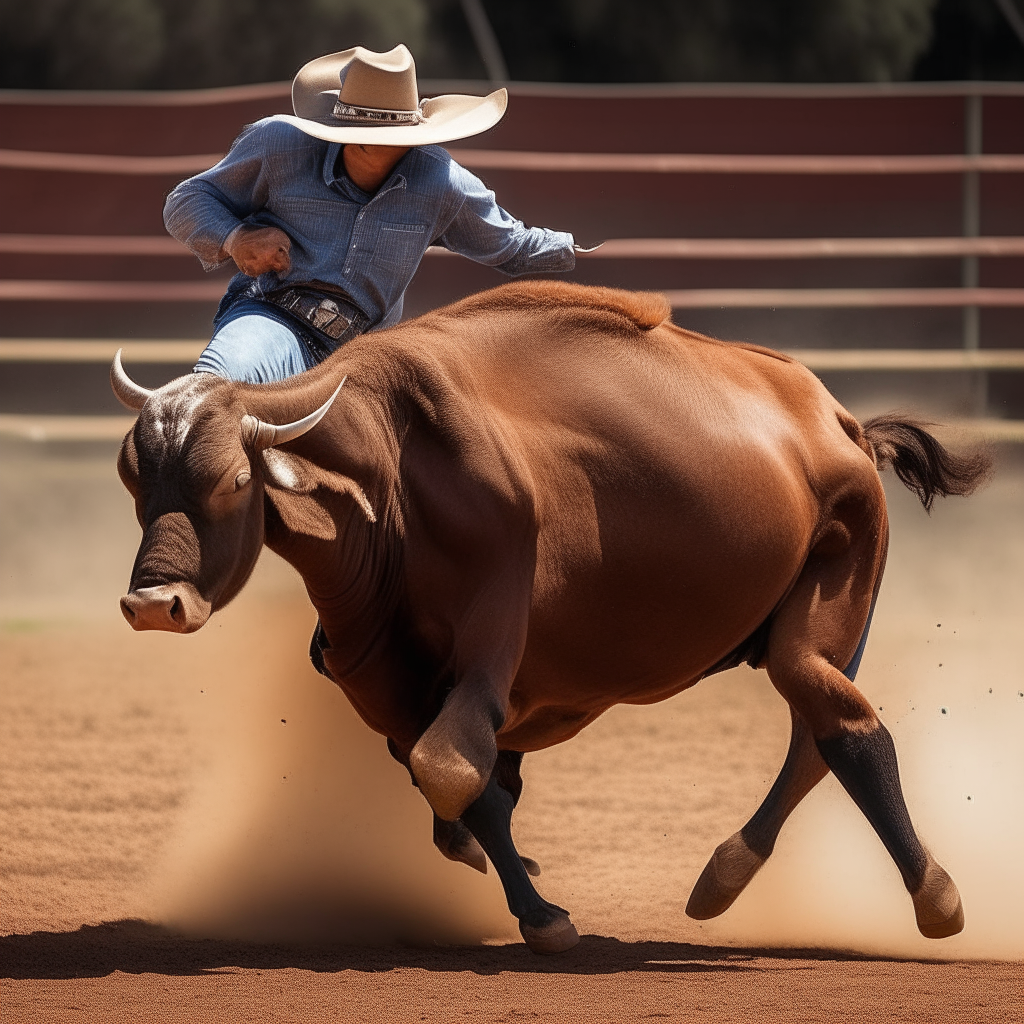 A rodeo bull kicks its hind legs out from under itself as a cowboy maintains his balance atop its back