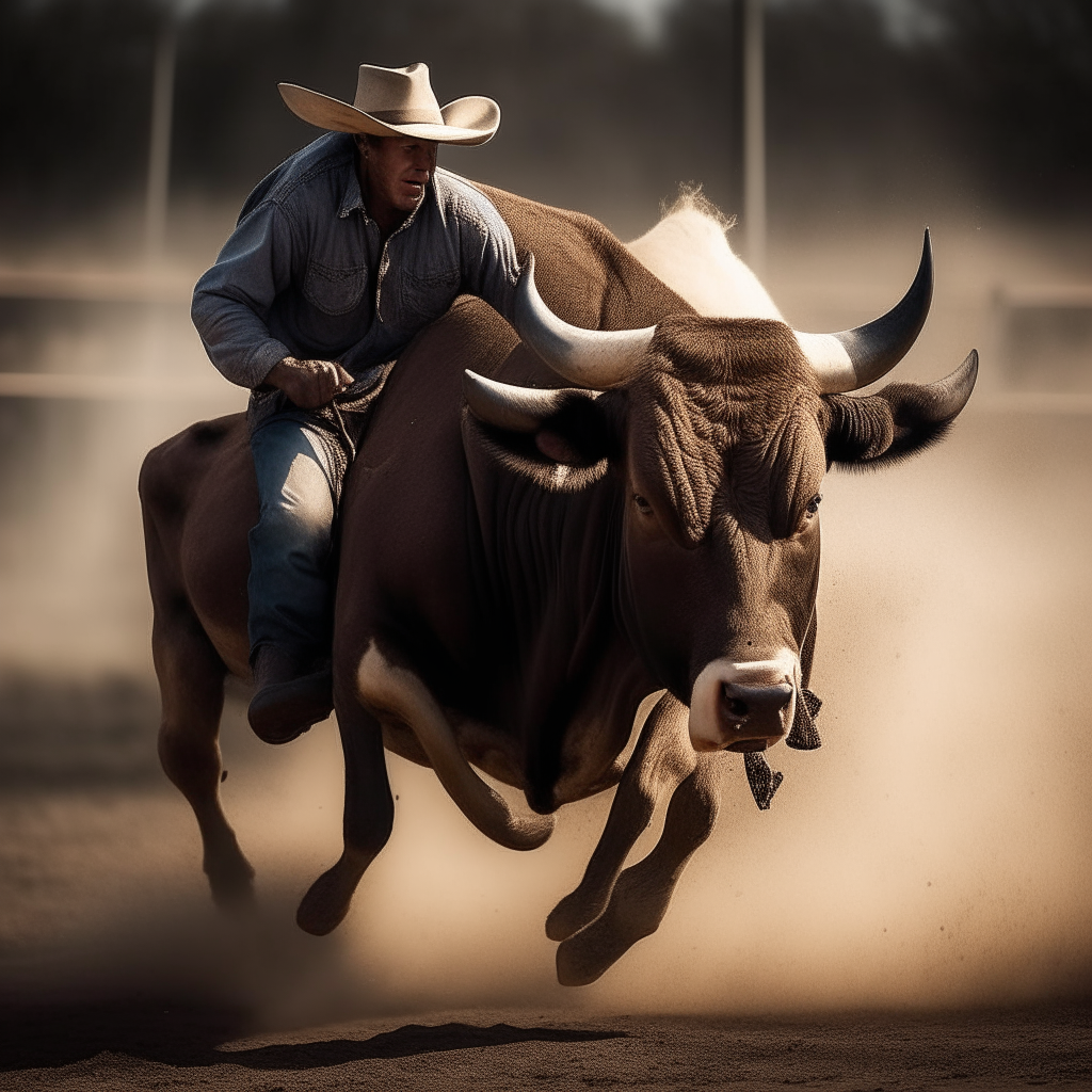 A bull bucks fiercely as a cowboy holds on for dear life