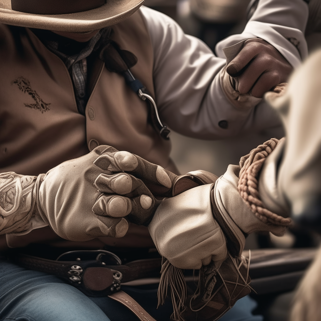 A cowboy tightens the strap on his bull riding glove before competing in the rodeo