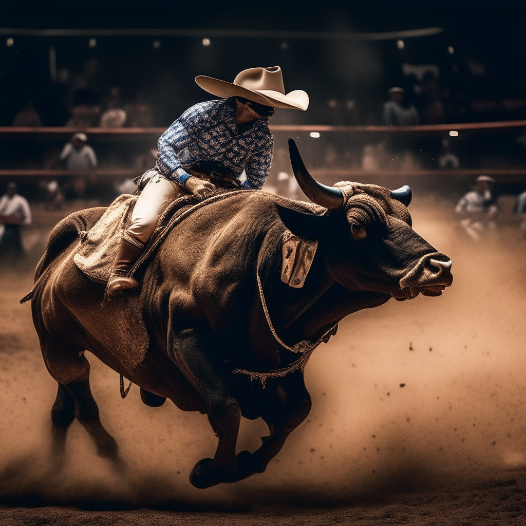 A bull rider hangs on as his bull bucks in the middle of the arena during a rodeo event