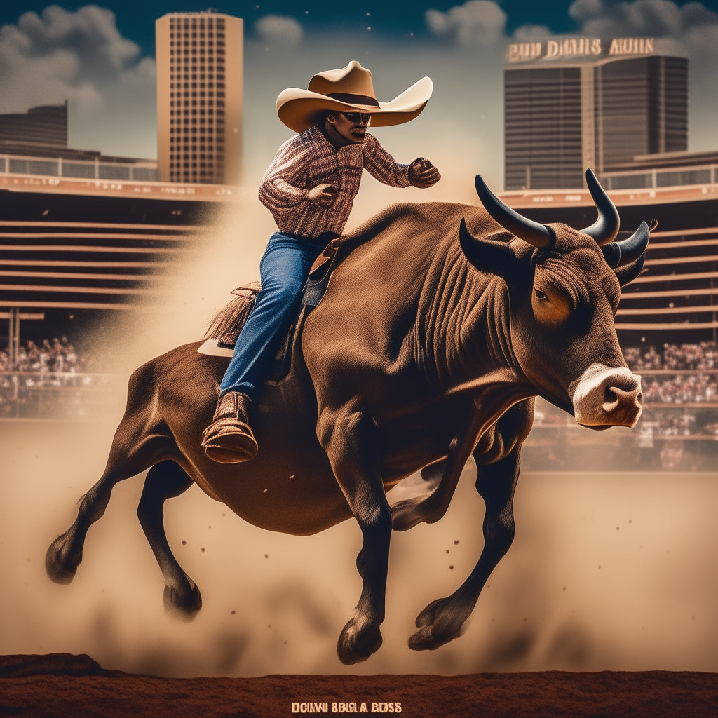 A promotional poster for the Dallas Rodeo featuring a cowboy riding a bull against a skyline of Dallas skyscrapers