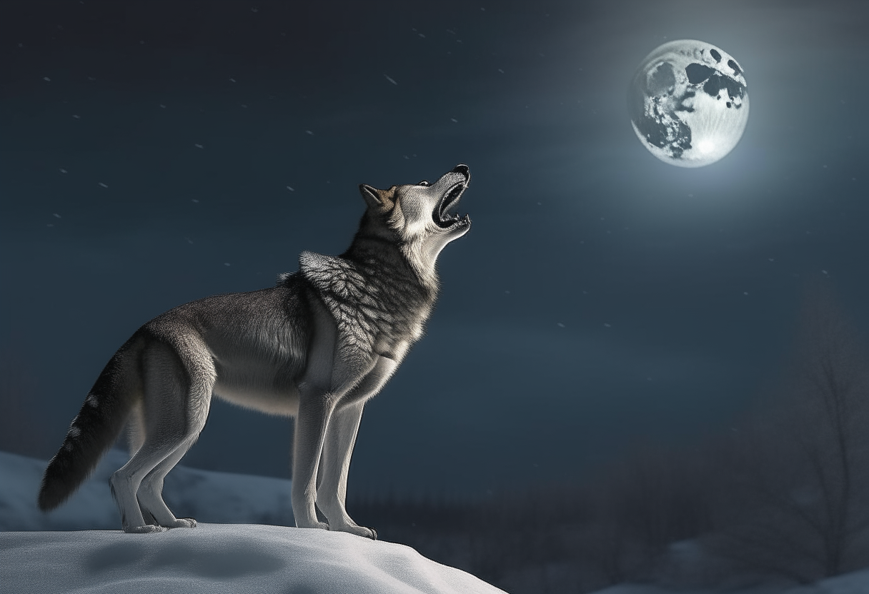 a gray timber wolf howling at the moon, standing alone on a snow-covered hillside under the night sky photorealistic, 4K resolution