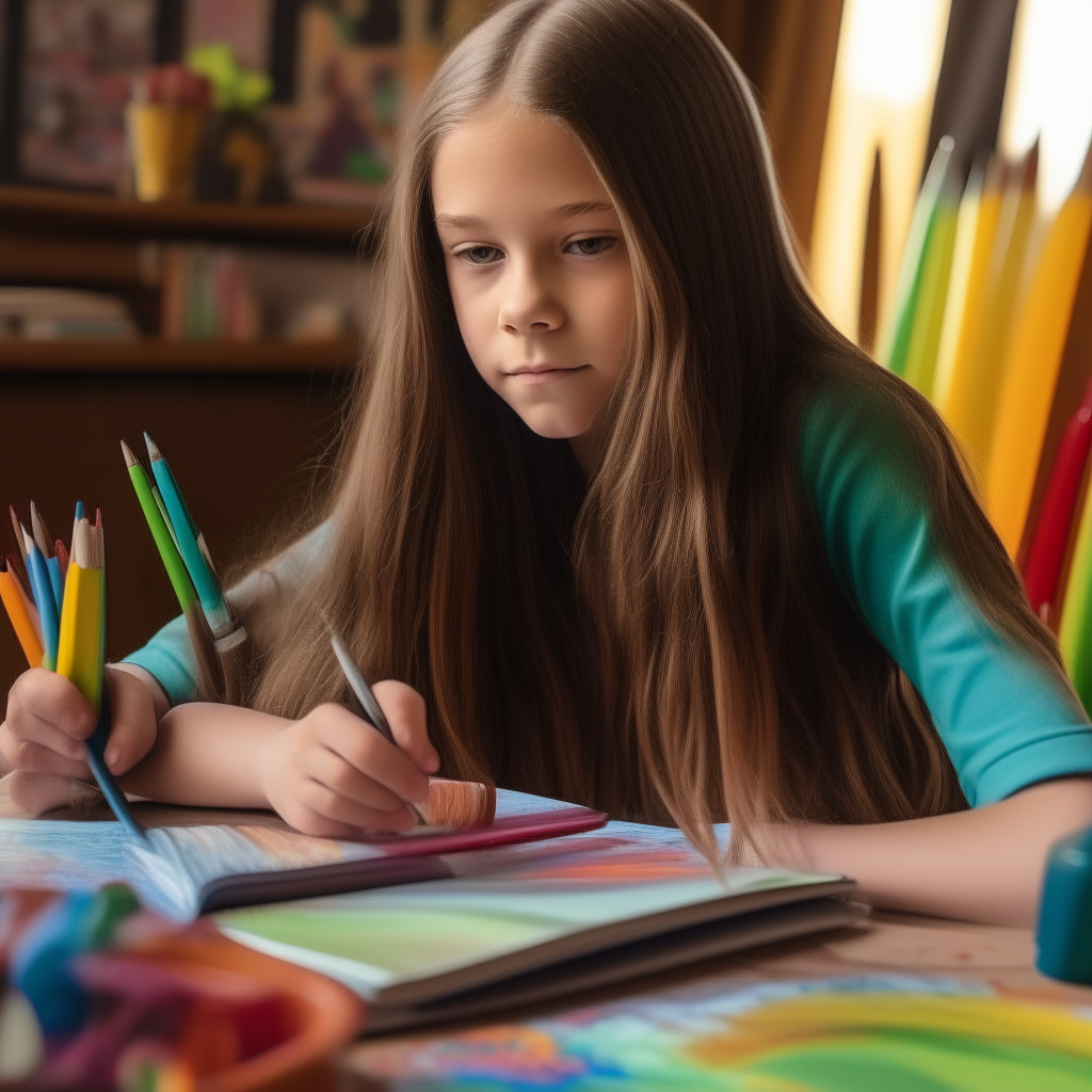 a 11-year-old girl with long brown hair coloring at a table with crayons and coloring books