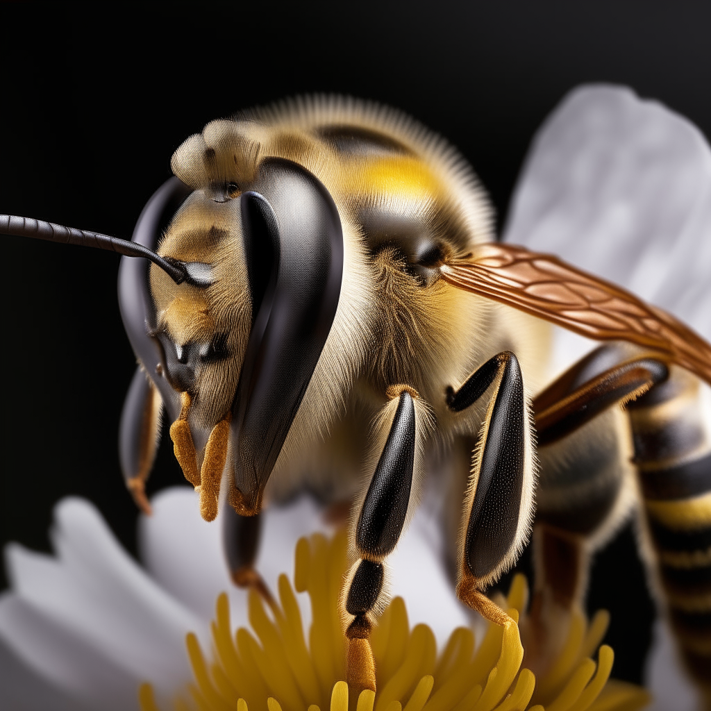 a close-up portrait of a honeybee queen from chest-level, her wings are folded and she stands on a flower with her antennae positioned correctly