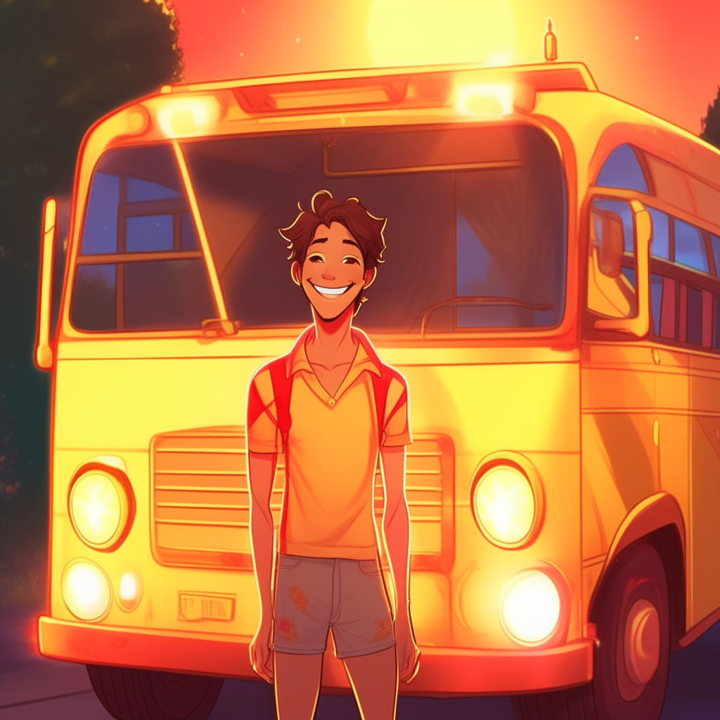 A shirtless young man stands in front of a magical school bus with a red light on it. The guy is wearing yellow and gold shorts. He smiles brightly.
A magical bright boy.