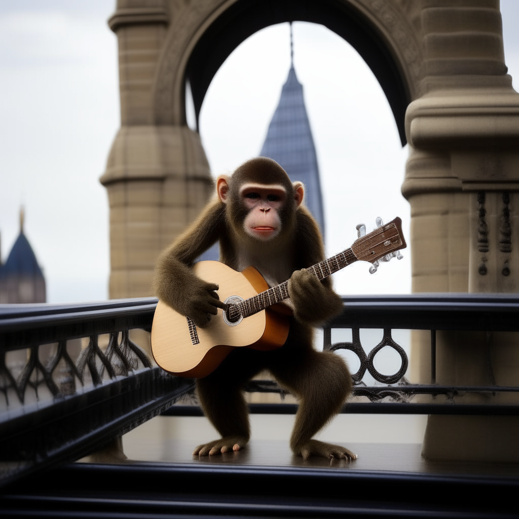 Monkey playing guitar on tower bridge london