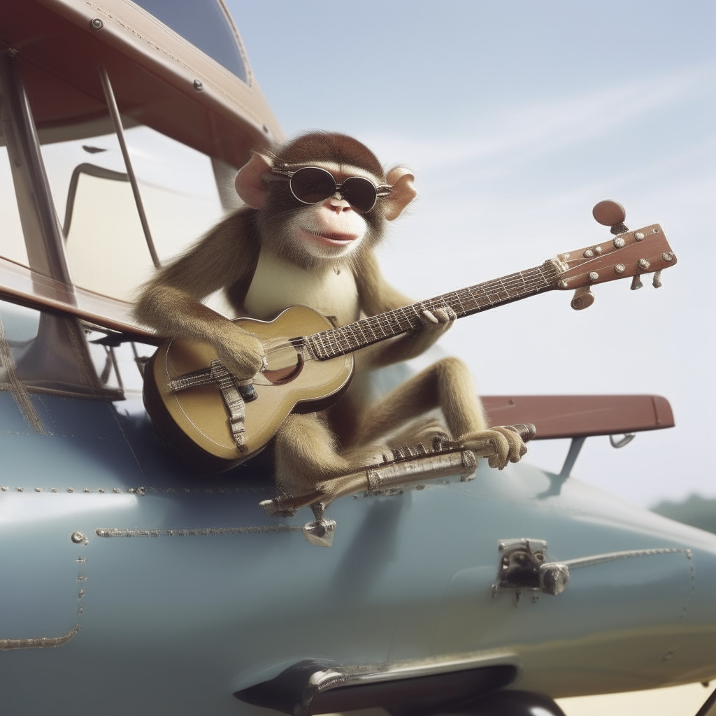 Monkey playing an electric guitar on the wing of a biplane  