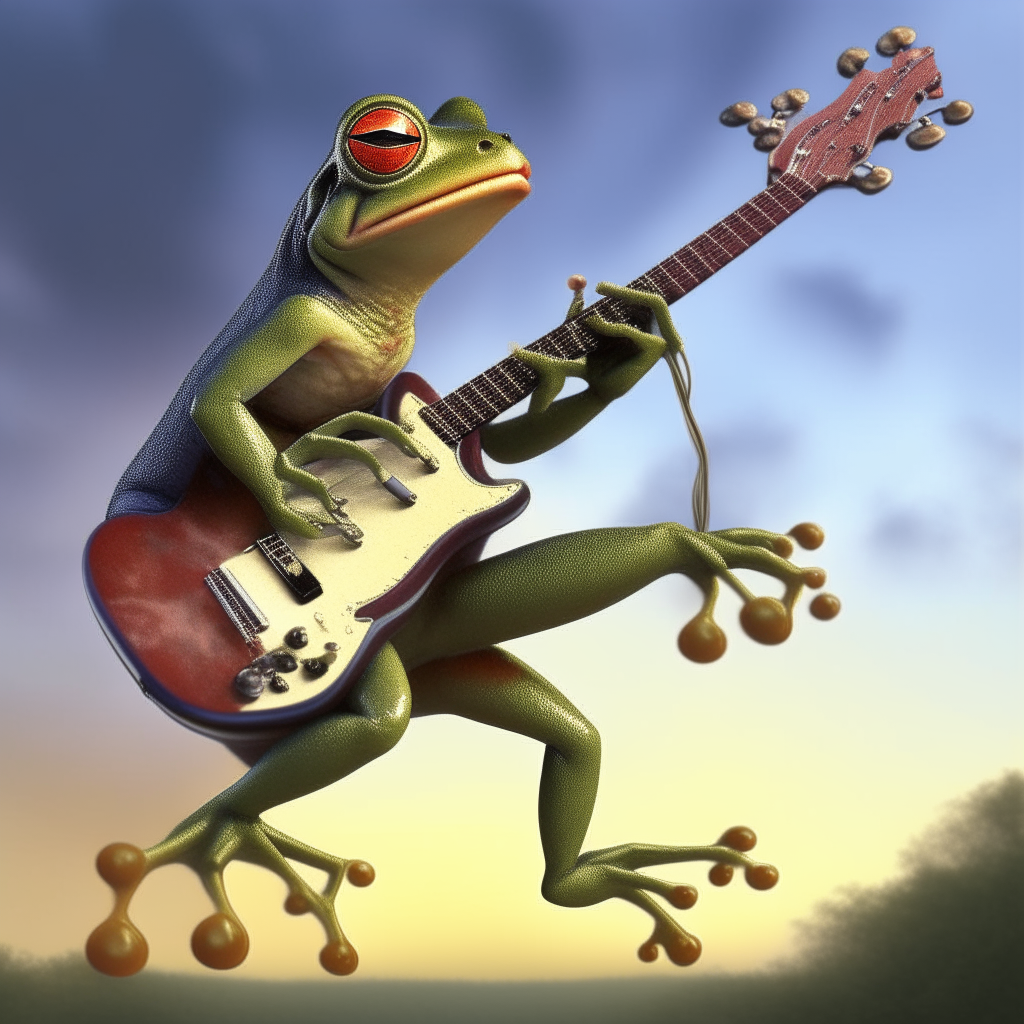 Frog playing electric guitar while wing walking 