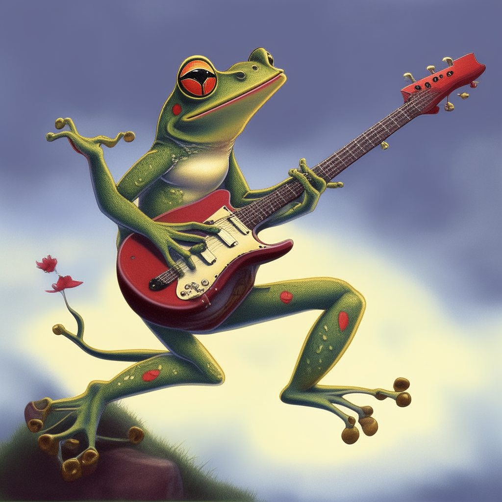 Frog playing electric guitar while wing walking 