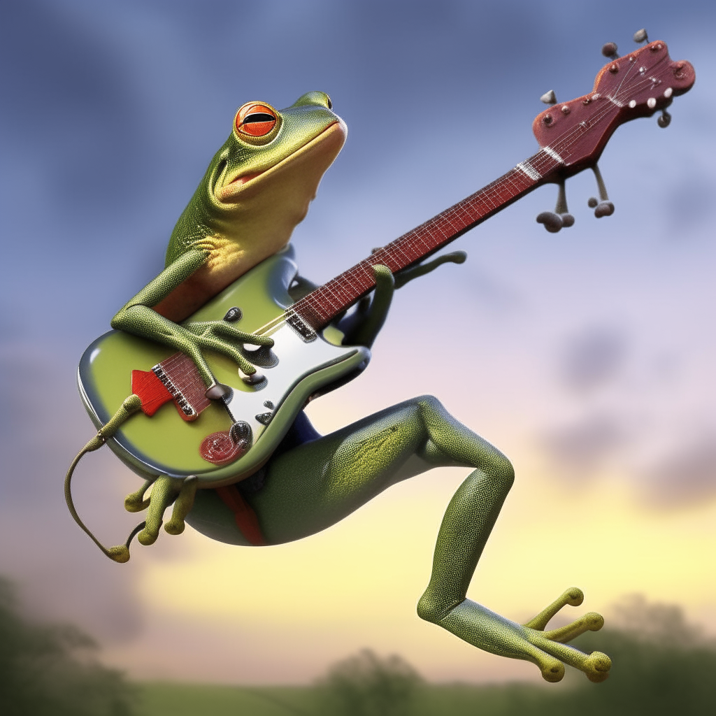 Frog playing electric guitar while wing walking 