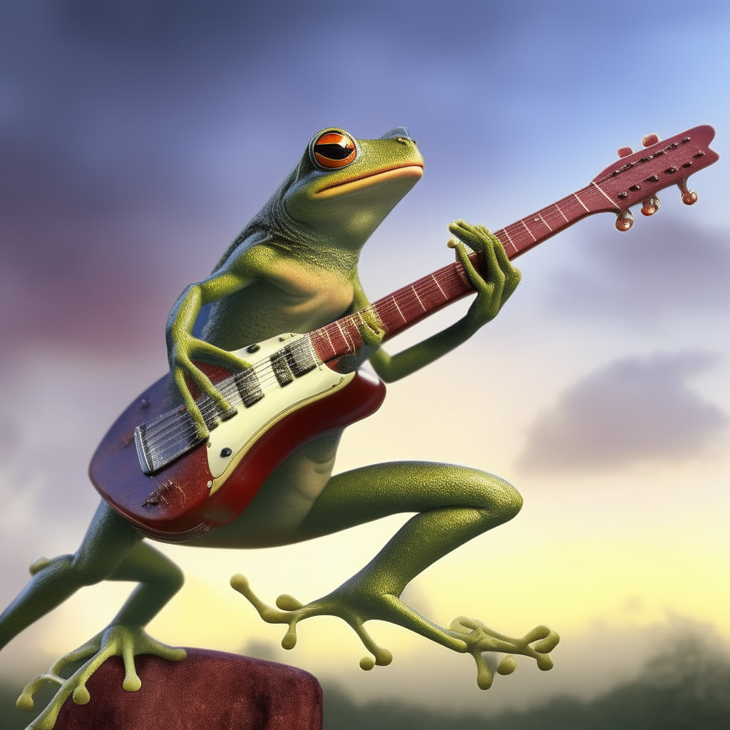 Frog playing electric guitar while wing walking 