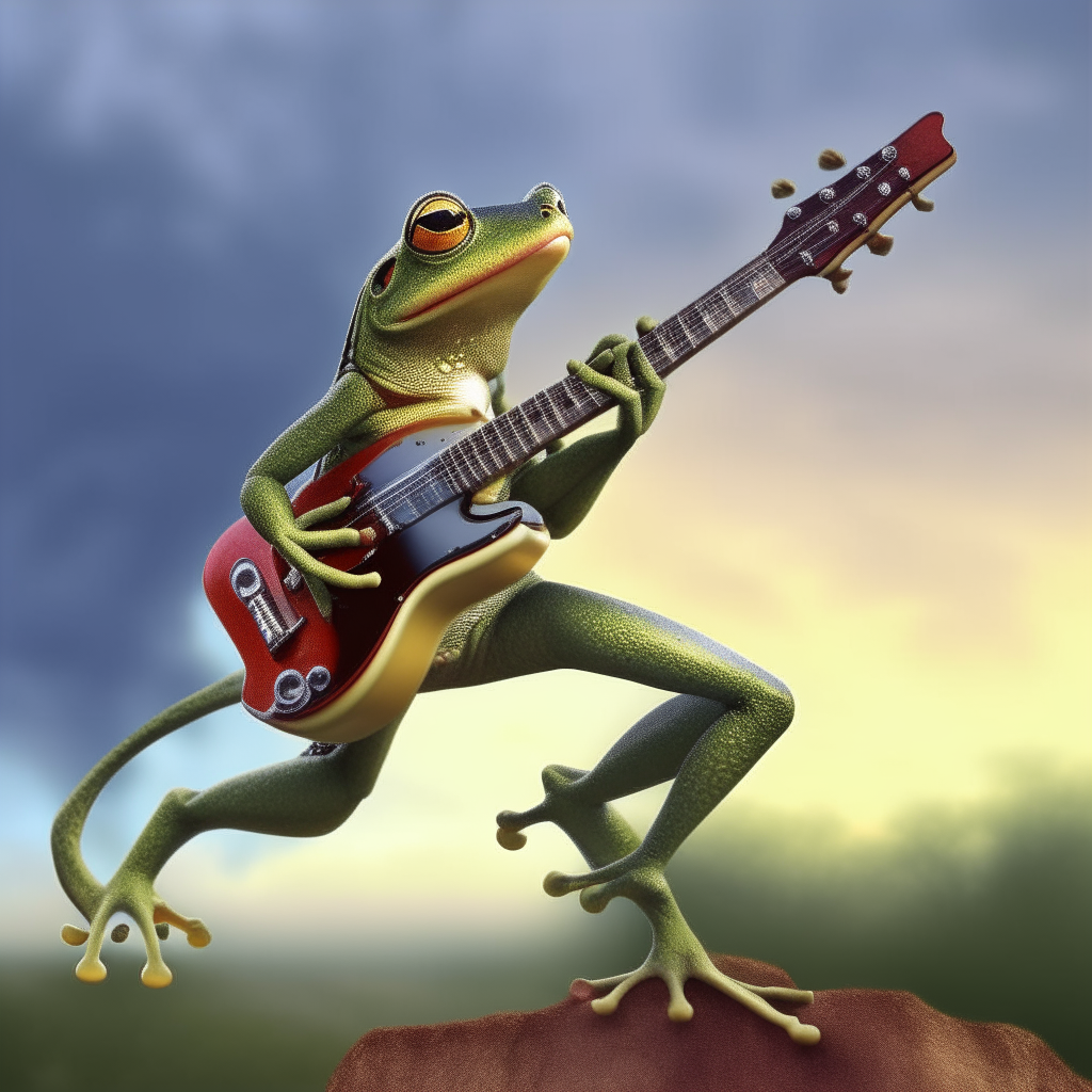 Frog playing electric guitar while wing walking 