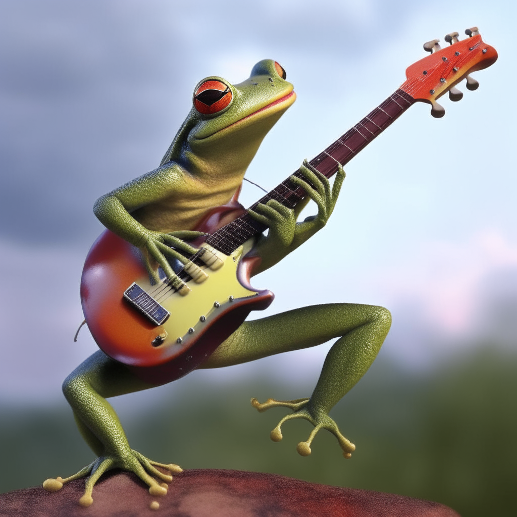 Frog playing electric guitar while wing walking 