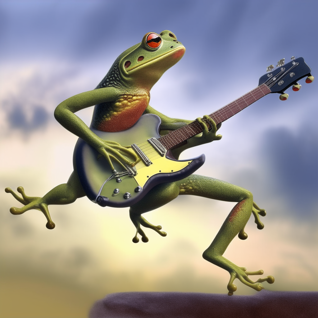 Frog playing electric guitar while wing walking 