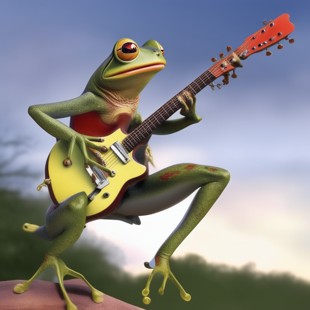 Frog playing electric guitar while wing walking 