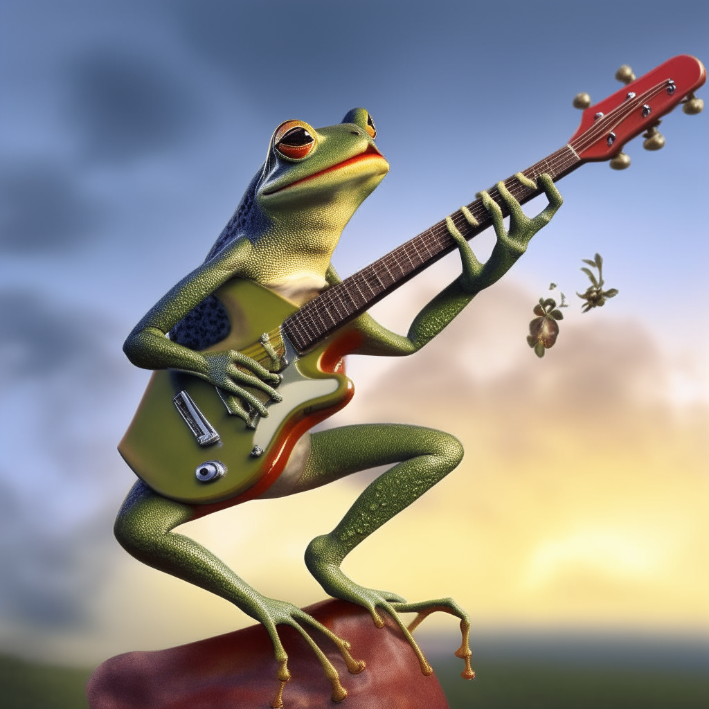 Frog playing electric guitar while wing walking 