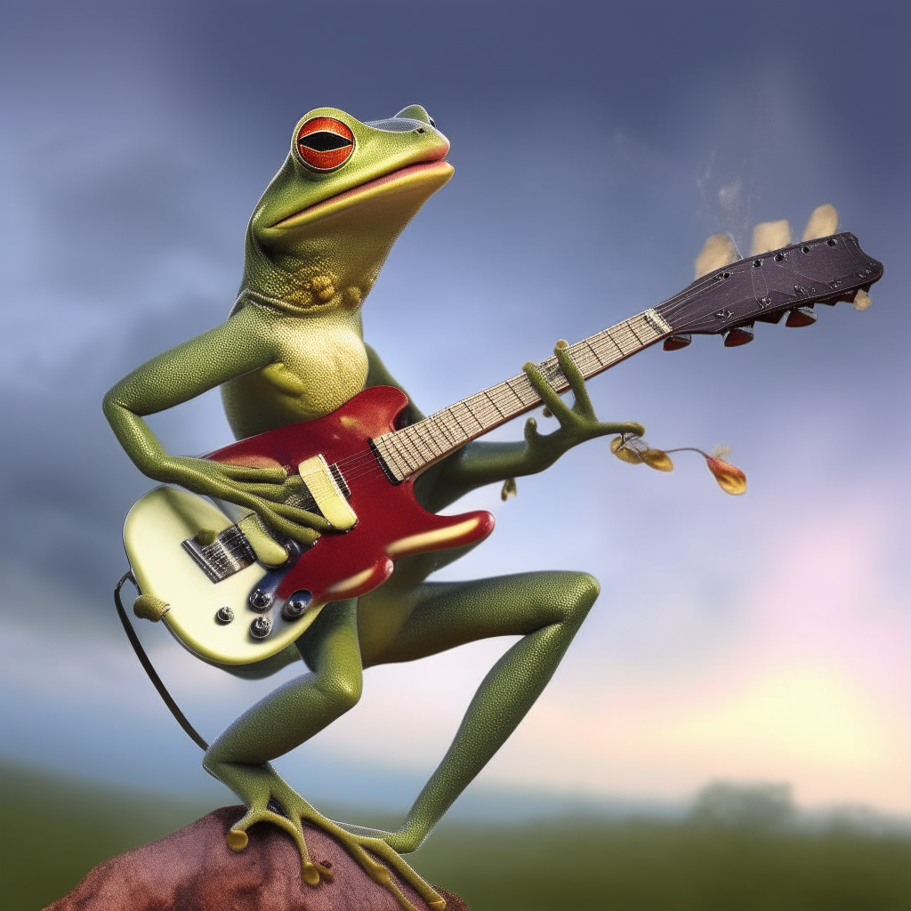 Frog playing electric guitar while wing walking 