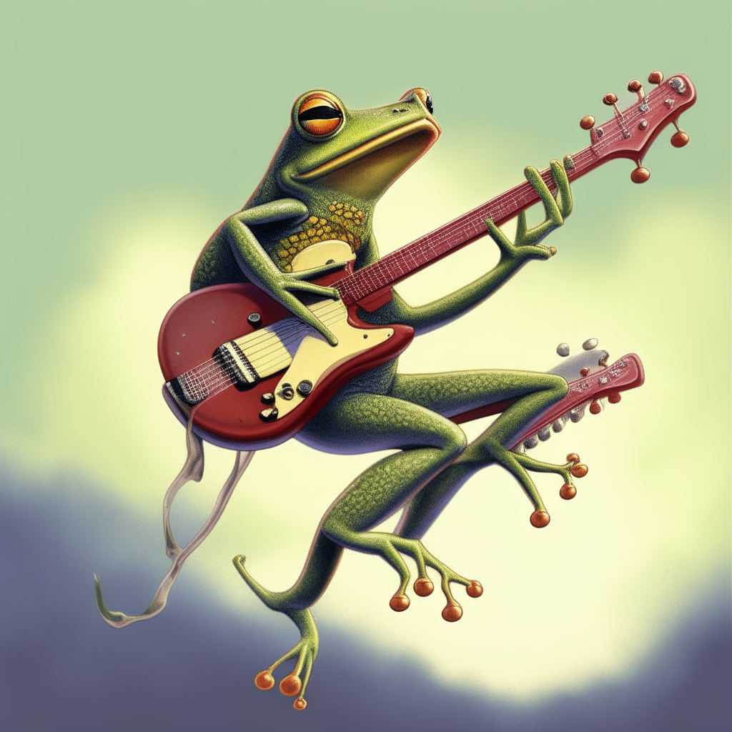 Frog playing electric guitar while wing walking 