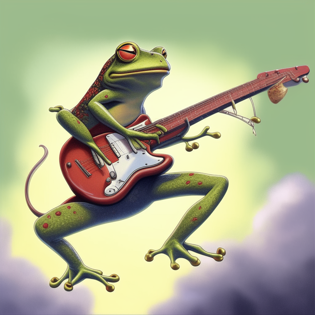 Frog playing electric guitar while wing walking 