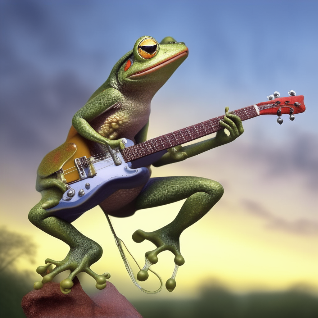 Frog playing electric guitar while wing walking 