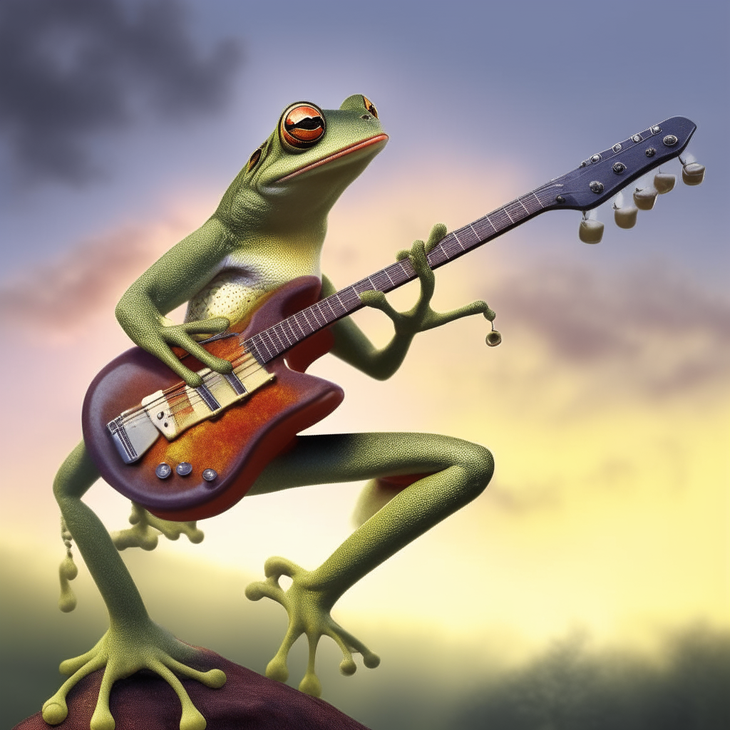 Frog playing electric guitar while wing walking 