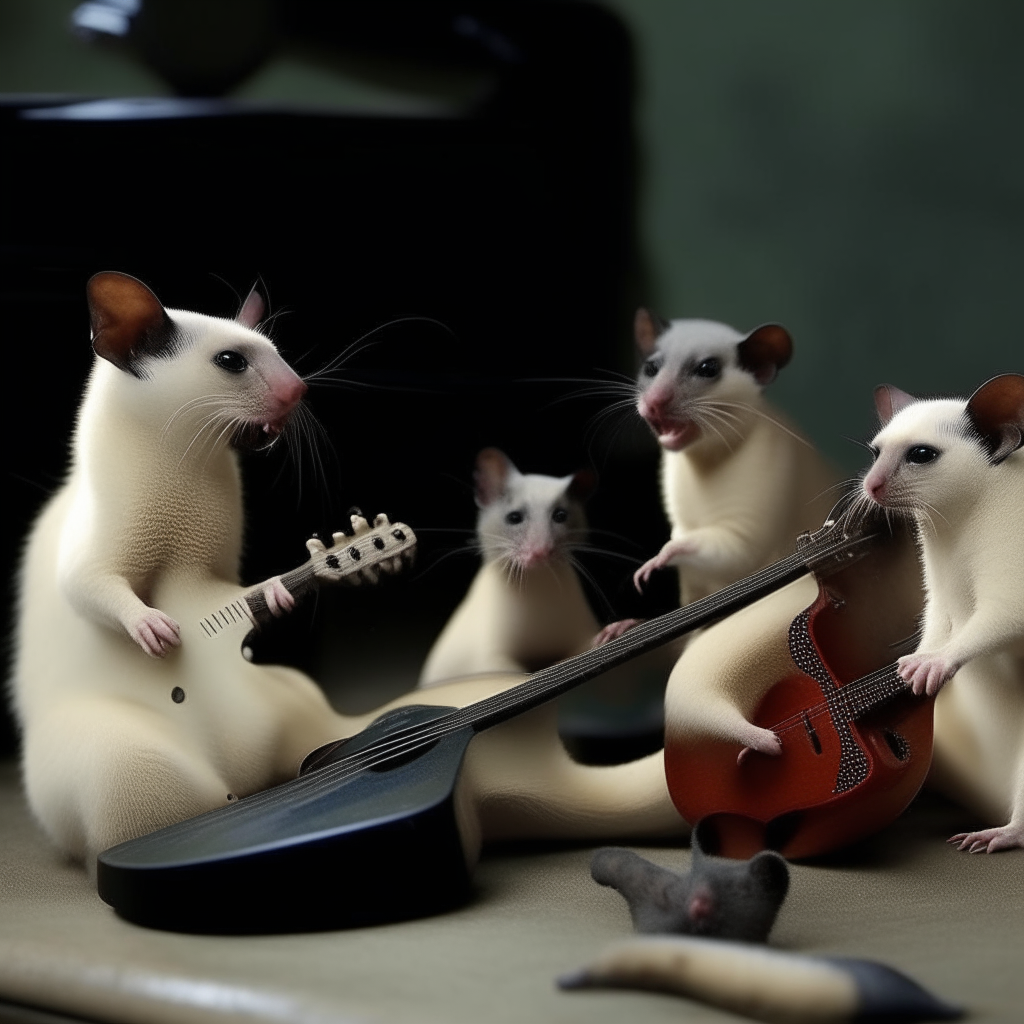 Siamese seal point cat playing mad rock guitar to a bunch of jiving mice