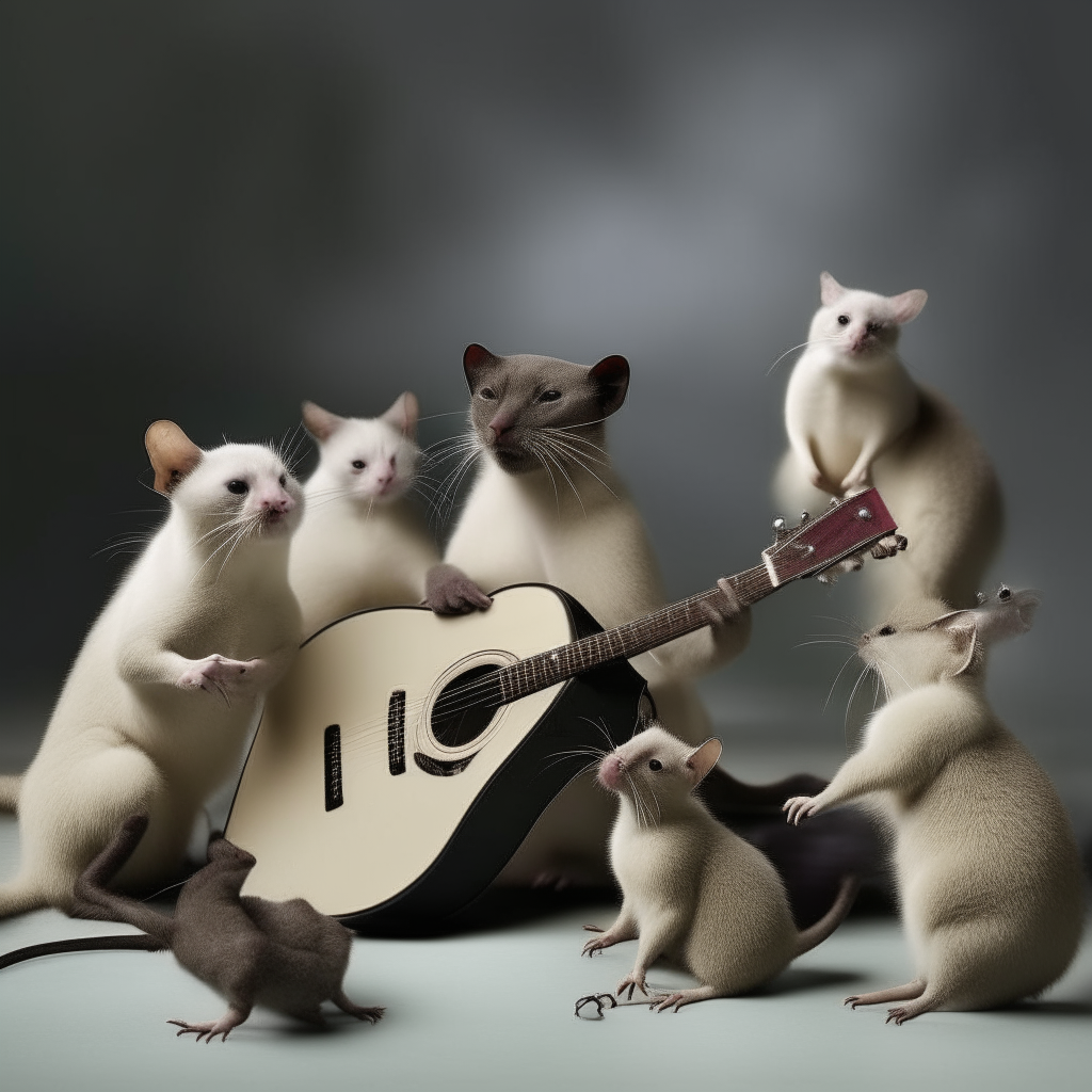 Siamese seal point cat playing guitar to a bunch of dancing mice