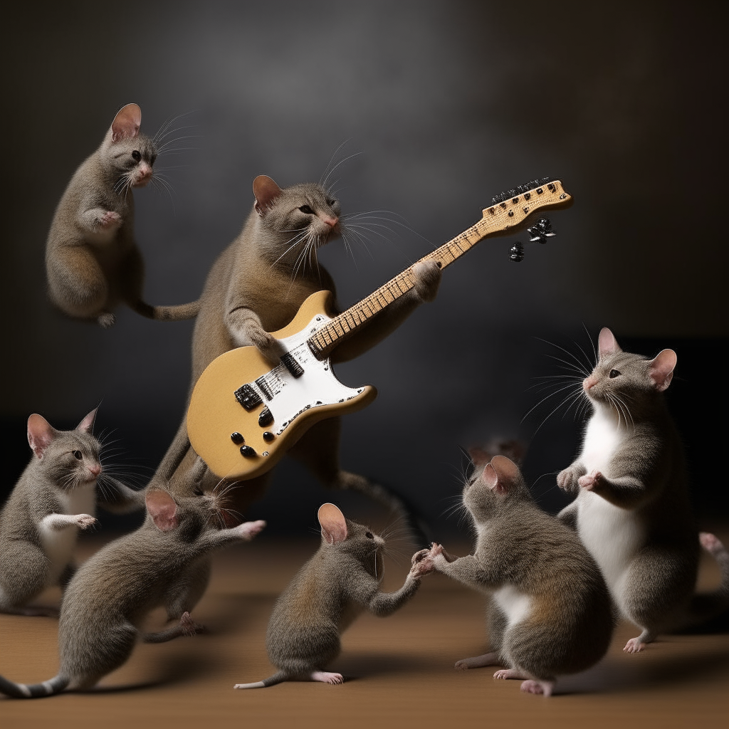  cat playing electric guitar to a bunch of dancing mice