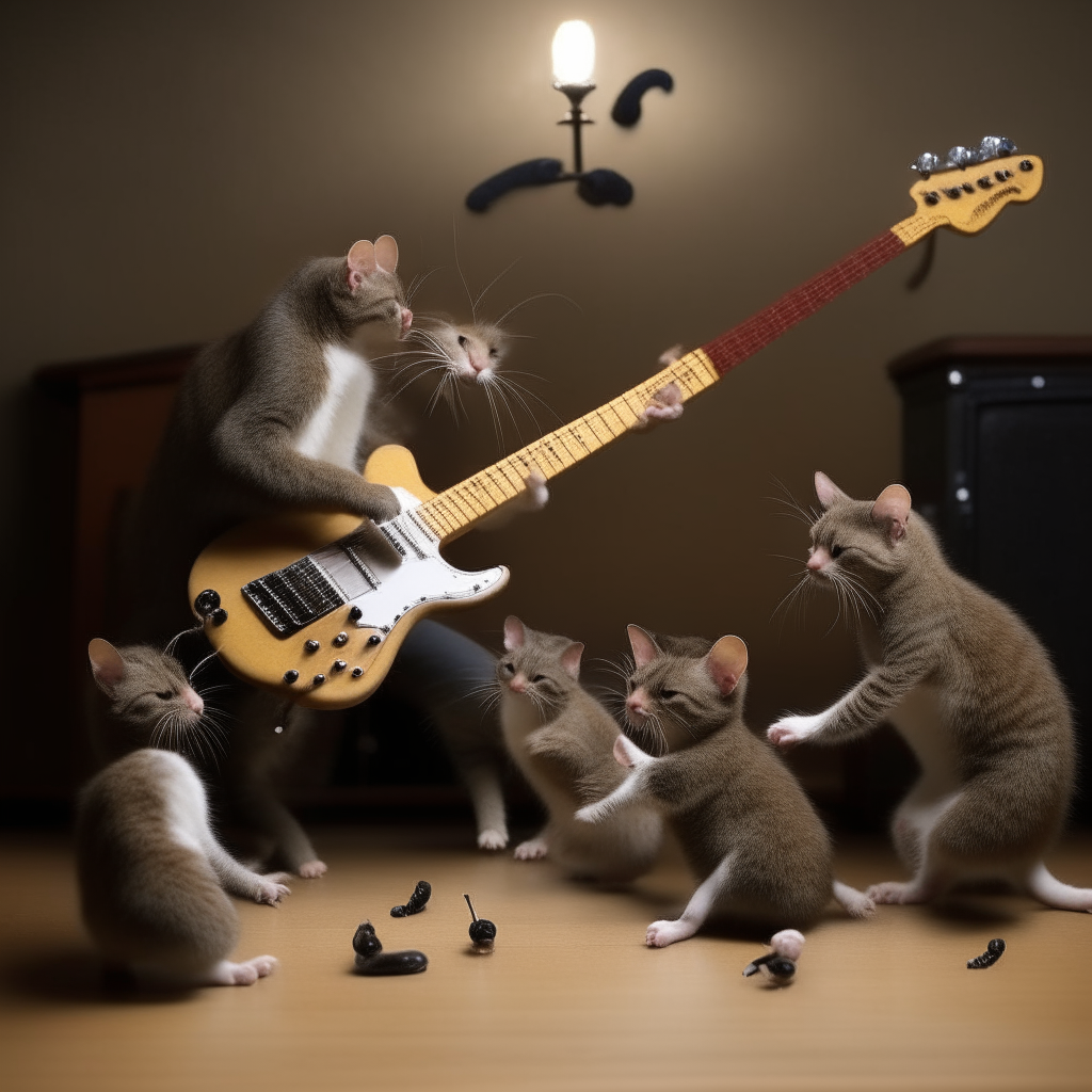  cat playing electric guitar to a bunch of dancing mice