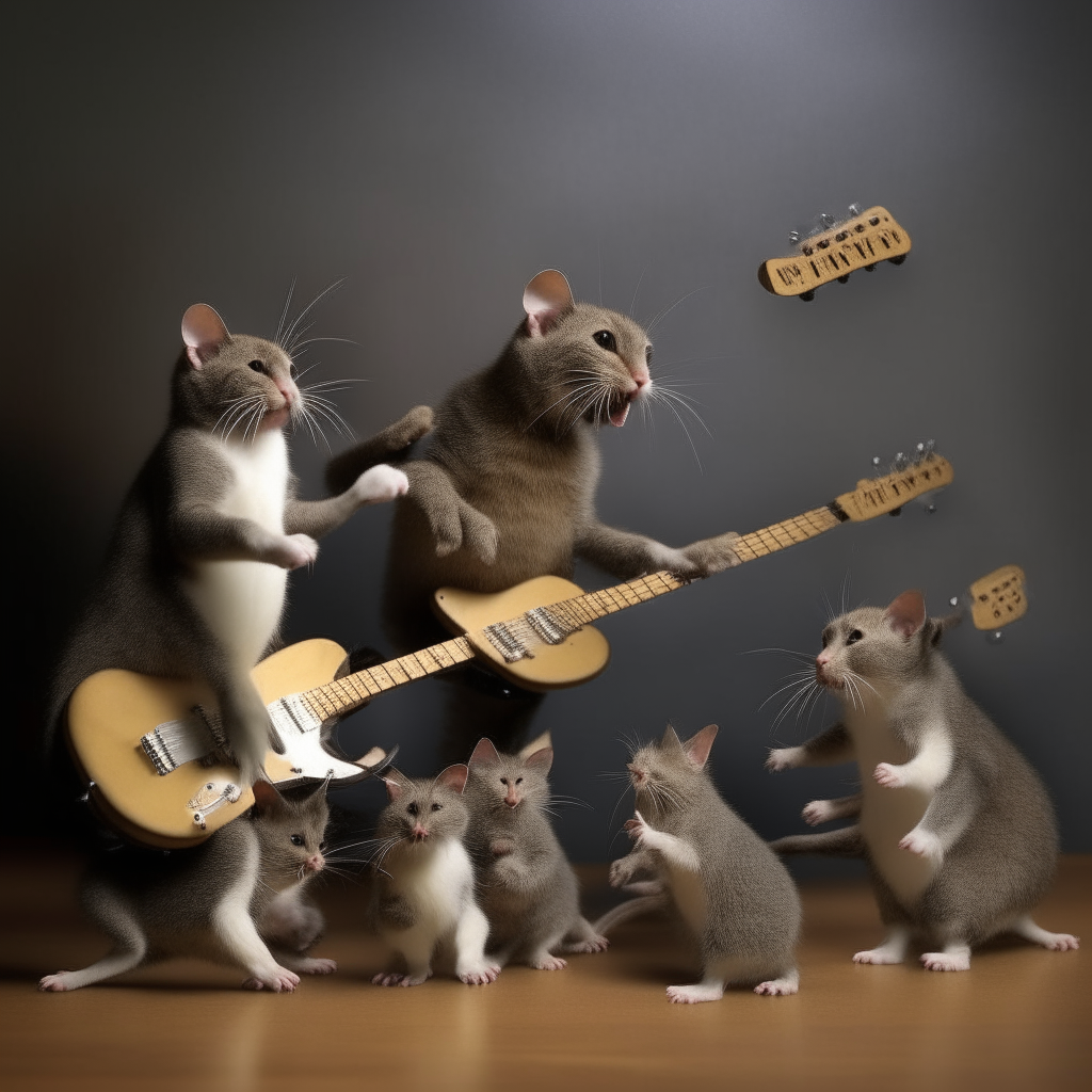  cat playing electric guitar to a bunch of dancing mice