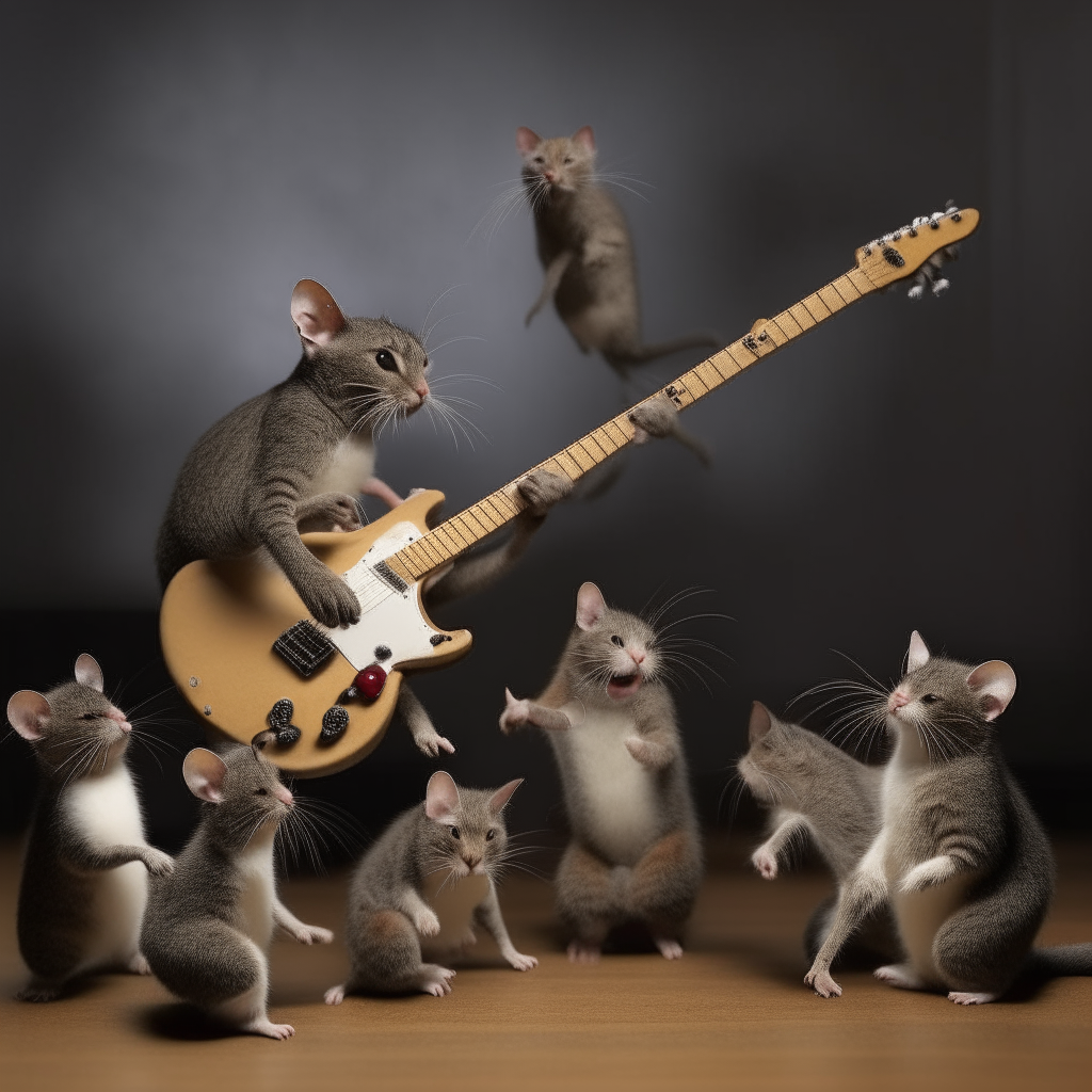  cat playing electric guitar to a bunch of dancing mice