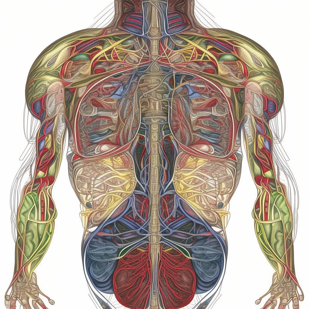 An intricate drawing of the (((human body))), showcasing its beautifully detailed structures and systems, with ((interlocking structures)) and ((vivid organs)) colorfully arranged in a symmetrical pattern