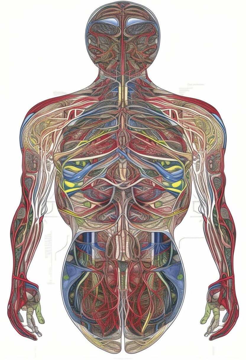 An intricate drawing of the (((human body))), showcasing its beautifully detailed structures and systems, with ((interlocking structures)) and ((vivid organs)) colorfully arranged in a symmetrical pattern