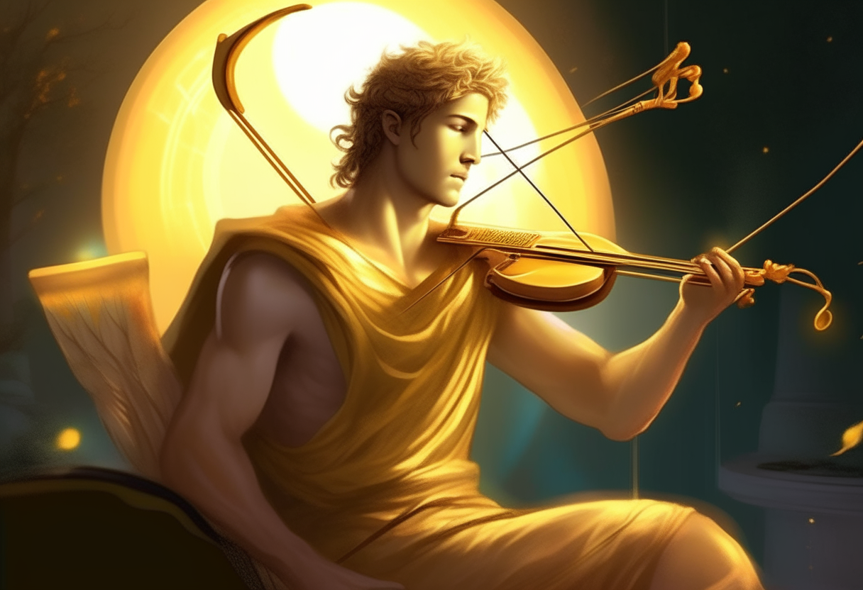 Apollo, the Greek god of music, playing a golden lyre, with a bow and arrows by his side. He glows with inner light, his poetry and songs healing those around him. Digital art.