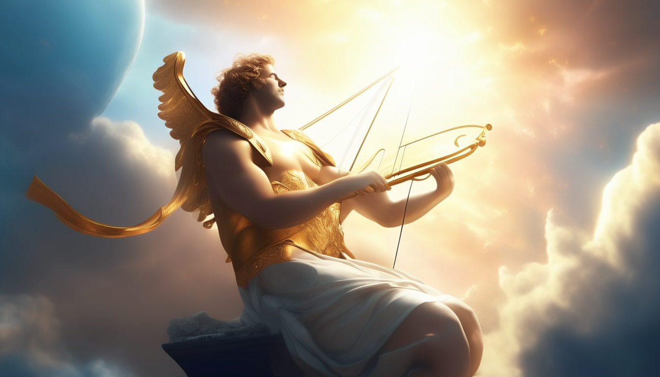 Apollo, the Greek god of music, poetry, light, healing and archery, sitting majestically on a cloud in the sky, playing a golden lyre. Rays of light shine around him. Digital painting, 4K, 16:9 aspect ratio, cinematic lighting