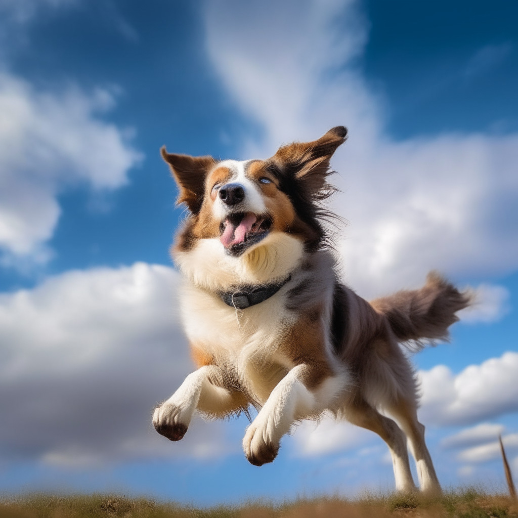 A playful dog joyfully soaring through open skies, its fur and tail flowing freely in the wind