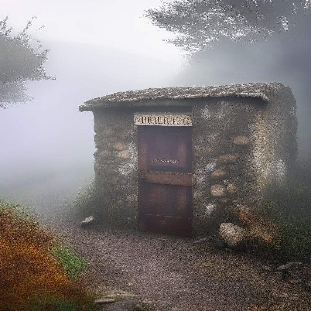 A rustic bread oven located in the countryside, surrounded by thick morning fog. The oven is built from ancient stones, with moss growing in the cracks, and has a roof of weathered red tiles. At the entrance of the oven, a crooked wooden sign hangs, with hand-painted letters that read "OVEN CLOSED." The setting is serene and mysterious, with trees and meadows blurred by the enveloping fog.