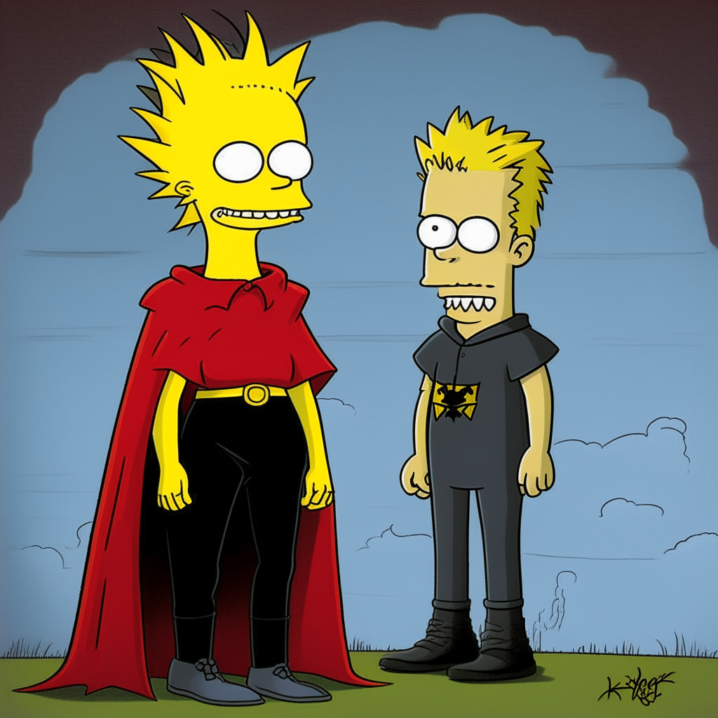 A blonde vampire with short hair, sporting wings on her back, and wearing a bikini, standing next to Bart Simpson.