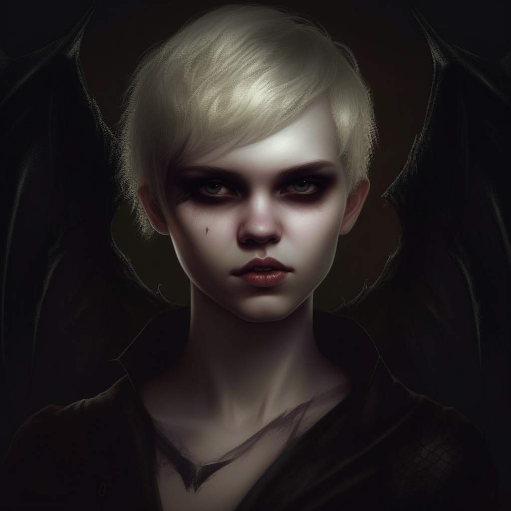 A hyperrealistic image of a blonde vampire with short hair, showcasing intricate details. She has large, black, bat-like wings that appear almost leathery and textured. Her eyes are piercing and lifelike, with an intense gaze that seems to follow the viewer. Her skin is exquisitely pale, with subtle veins visible under the surface, adding to the realism. She wears a dark, elegant outfit that contrasts starkly with her light hair, adorned with intricate patterns and textures. The setting is dimly lit, enhancing the eerie and captivating atmosphere, with shadows playing across her features, making every detail pop vividly.