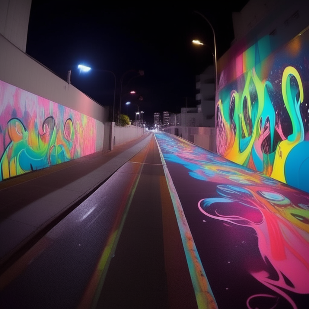 Image of a road spray painted with the word  "....LaBuBu....." and there's a picture of LaBuBu in the graffiti.  Huge abandoned wall in a realistic deserted city. Bright colors. Wavy graffiti font.  night background  An abandoned city with dark zombies.  Light from some street lamps in 3D in HDR+