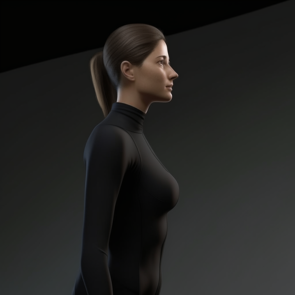 a photorealistic portrait of a slender woman standing sideways wearing a black bodysuit, 4k