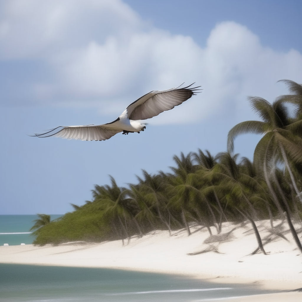 A flying agulia with white wings on a beach with palm trees